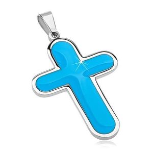 Pandantiv din oțel chirurgical, cruce mare cu interior albastru, smălțuit imagine