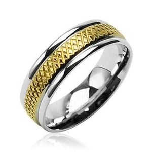 Inel din oțel chirurgical model cu dungi aurii de diamant - Marime inel: 49 imagine