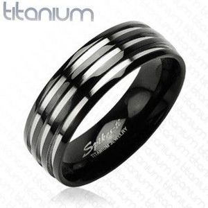 Inel negru din titan - trei dungi argintii - Marime inel: 49 imagine