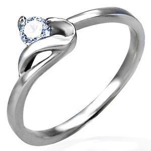 Inel de logodnă de culoare argintie, oţel de 316L, zirconiu rotund, transparent şi braţe ondulate - Marime inel: 48 imagine