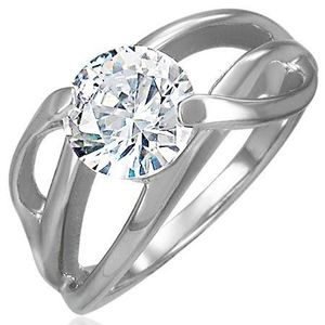 Inel de logodnă cu decoraţiune diagonală şi zirconiu rotund, transparent, oţel de 316L - Marime inel: 49 imagine