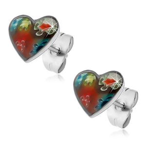 Cercei din oțel cu șurub, inimi cu imprimeu de flori colorate imagine