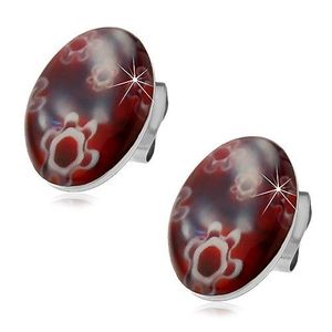 Cercei din oțel chirurgical - oval roșu-închis cu flori albe, șuruburi imagine