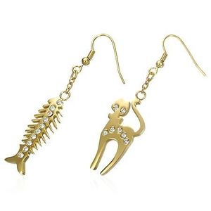 Cercei aurii din oțel - pisică și os de pește, zirconii transparente imagine
