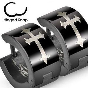 Cercei oțel, cercuri negre - cruce argintie imagine