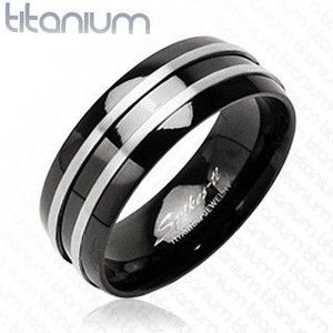Inel negru din titan - două dungi argintii înguste - Marime inel: 49 imagine