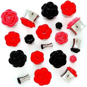 Plug în formă de șa, cu trandafir 3D - Lățime: 10 mm, Culoare Piercing: Roșu imagine