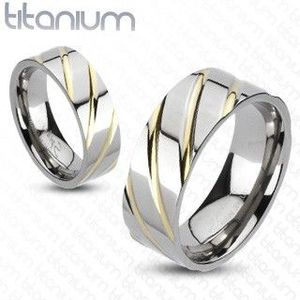 Inel din titan - argintiu cu dungi aurii - Marime inel: 49 imagine