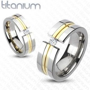 Inel din titan - două dungi aurii, zircon - Marime inel: 49 imagine