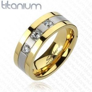 Inel din titan - auriu cu argintiu, trei pietre din zircon - Marime inel: 59 imagine