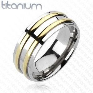 Inel din titan - argintiu, două dungi aurii - Marime inel: 59 imagine