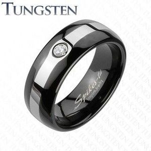 Inel negru din tungsten - zircon și linie argintie - Marime inel: 49 imagine