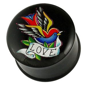 Plug - pasăre colorată, panglică cu LOVE - Diametru piercing: 10 mm imagine