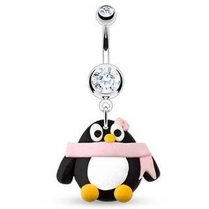 Piercing pentru buric - pinguin, eșarfă roz și floare, zircon imagine