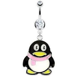 Piercing pentru buric - pinguin din oțel, eșarfă roz imagine
