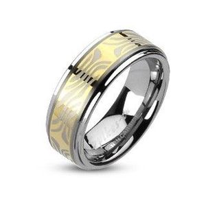 Inel din tungsten, cu mijlocul auriu și motiv zebră - Marime inel: 49 imagine