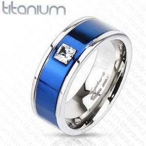 Inel din titan, cu o linie albastră și un zircon pătrat - Marime inel: 49 imagine