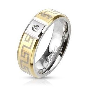 Inel din oțel inoxidabil cu model grecesc - culoare aurie și zirconiu - Marime inel: 49 imagine