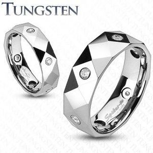 Inel din tungsten, cu romburi, triunghiuri și zircon - Marime inel: 49, Grosime: 6 mm imagine