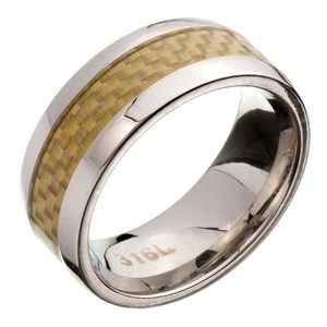 Inel din oțel - bandă, dungă galbenă fibră de carbon - Marime inel: 57 imagine