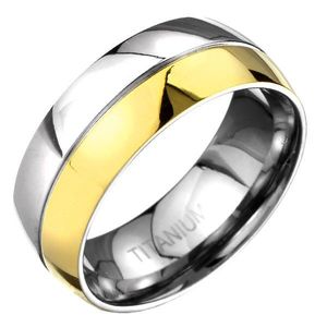 Inel de titan - auriu și argintiu, cu caneluri - Marime inel: 57 imagine