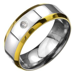 Inel din titan - banda argintie cu margini aurii și zircon - Marime inel: 57 imagine