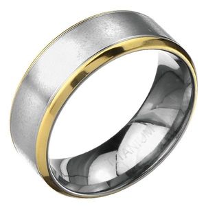 Inel din titan – bandă mată argintie, cu caneluri și margini aurii - Marime inel: 57 imagine