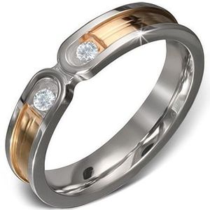 Inel din oțel - dungă aurie cu margini argintii, două zirconii transparente - Marime inel: 50 imagine