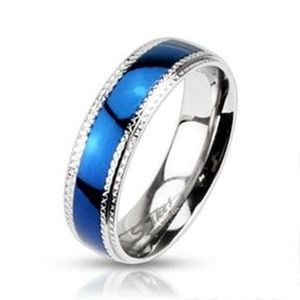 Inel din oțel inoxidabil - fâșie albastră lucioasă și margini zimțate - Marime inel: 49 imagine