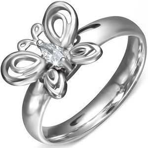 Inel din oțel chirurgical - bandă cu fluture și zirconiu - Marime inel: 49 imagine