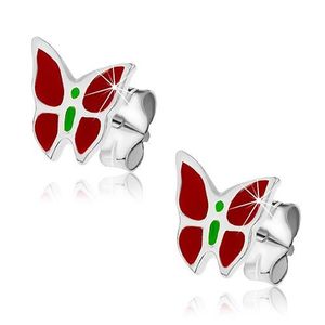 Cercei cu tijă din argint - model fluture roșu cu verde imagine