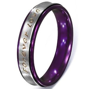 Inel argintiu din oțel - inscripția Forever Love, margini violet - Marime inel: 51 imagine