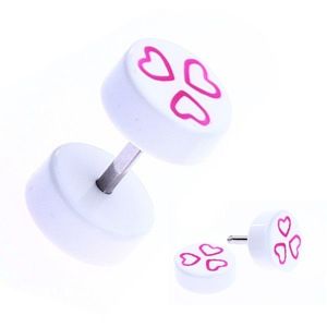 Piercing fals pentru ureche, din acrilic alb cu inimioare roz imagine