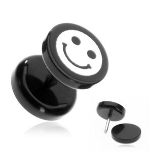 Plug pentru ureche din acrilic - un smiley pe o componentă neagră, rotundă imagine