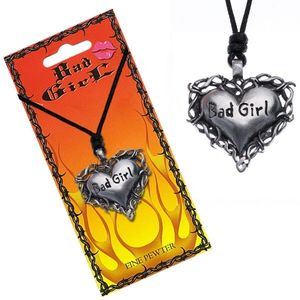 Colier cu pandantiv în formă de inimă înconjurată de spini, inscripție, Bad Girl(fată rea) imagine