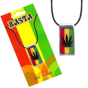 Colier, plăcuță dreptunghiulară cu frunză de canabis, culori rastafariene imagine