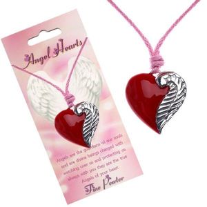 Colier din șnur cu pandantiv în formă de inimă roșie și aripă imagine