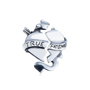 Pandantiv dublu din argint - inimă frântă cu fundiță, TRUE FRIEND, imagine