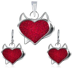 Set din argint cu pandantiv şi cercei - inimă cu zirconiu roşu, diavol imagine