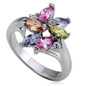 Inel lucios din metal - floare, zirconiu colorat, în formă de lacrimă şi rotund - Marime inel: 49 imagine