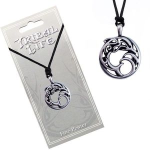 Colier - inel metalic cu ornamente, delfin în valuri, șnur imagine