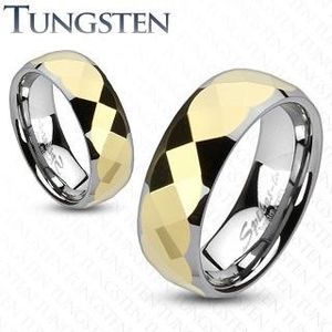 Inel tungsten -două culori, mijloc auriu, şlefuit în mod geometric - Marime inel: 49, Grosime: 8 mm imagine