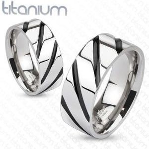 Inel din titan - inel lucios, argintiu, dungi negre oblice - Marime inel: 48 imagine