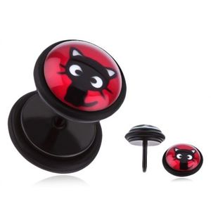Plug fals pentru ureche din oţel - pisicuţă pe un fond roşu imagine