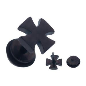 Piercing negru fals de ureche din oțel, cruce malteză lucioasă imagine