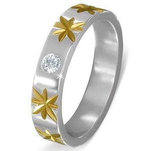 Inel argintiu din oţel cu steluţe aurii şi zirconiu transparent - Marime inel: 51 imagine