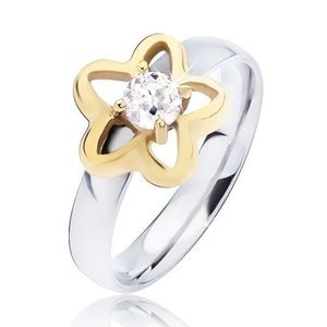 Inel din oțel, contur auriu de floare cu zirconiu rotund, transparent - Marime inel: 49 imagine