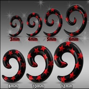 Expander pentru ureche, negru - spirală cu stele roşii - Lățime: 10 mm imagine