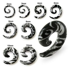 Expander spirală pentru ureche, alb cu ornamente negre - Lățime: 10 mm imagine