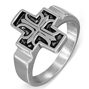 Inel din oțel, cruce latină patinată cu floare de crin - Marime inel: 54 imagine